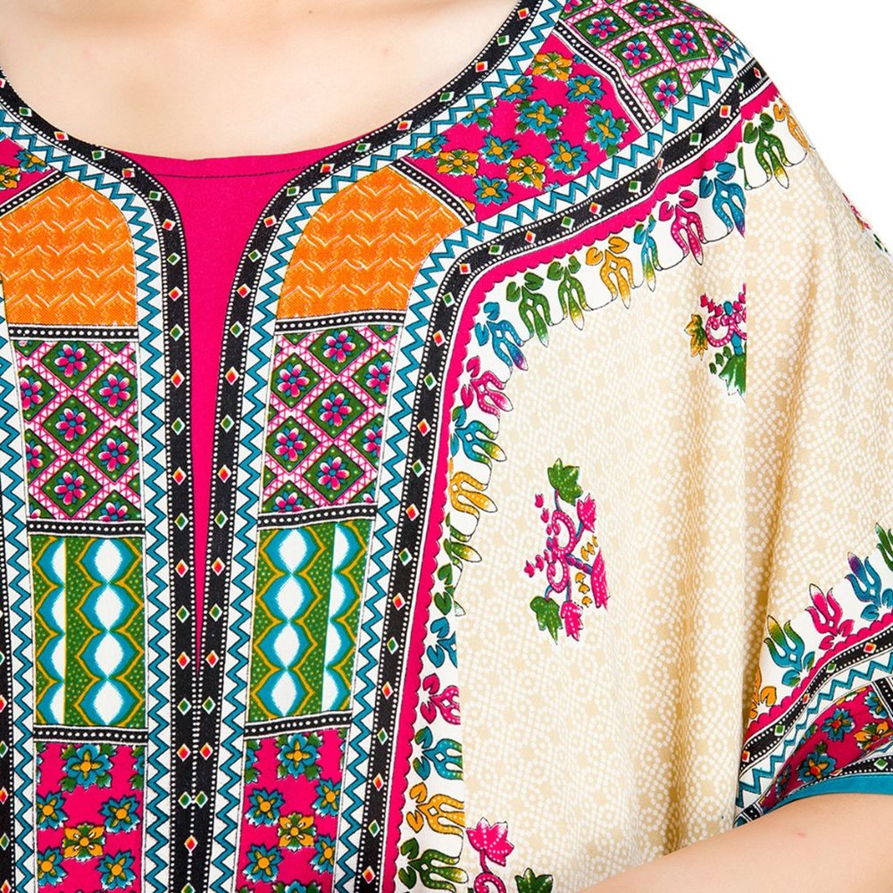 Tribal Print Beige Polyester Kaftan Dress Kimono Sleeve for Women By Gypsie Blu - Picture 5 of 7